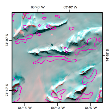 An example of previous efforts to map rock outcrops, where it’s difficult to discern rocks from shade, clouds, and snow. (Image: A. Burton-Johnson et al., 2016)